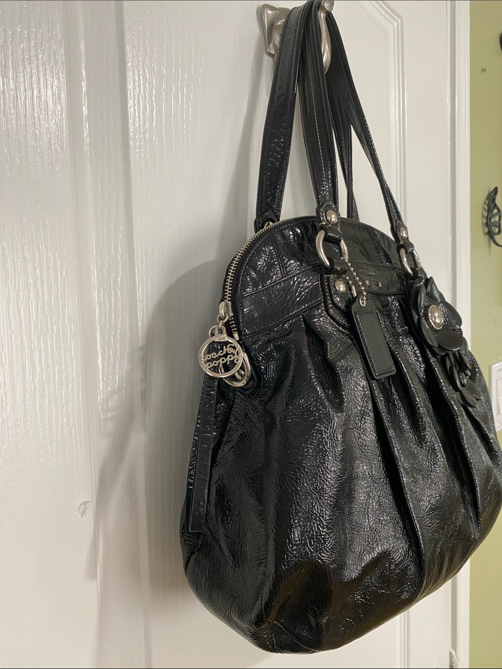 Coach Black Floral Appliqué Leather Satchel Shoulder Bag - Picture 5 of 16